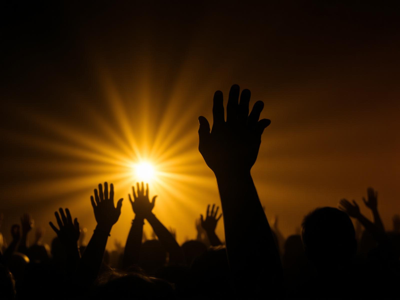 Hands raised at sunrise during worship
